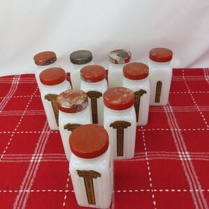 Griffiths Milk Glass Spice Jars Set of 10 Red Lids Some Labels